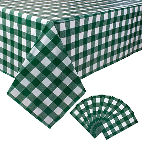 Image of Kesfey 8 Packs Green and White Checkered Tablecovers 54 x 108 Inches Disposable Party Picnic Table Cloth SpillProof Plastic Gingham Tablecovers for Camping Decoration Party Favors