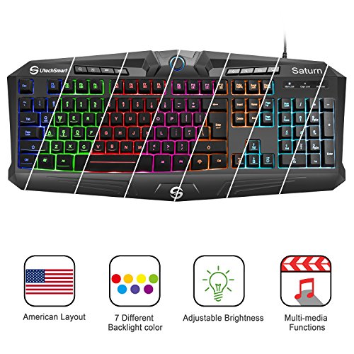 6 mejores teclados retroiluminados 30 UtechSmart (US Layout) Teclado Multimedia USB para Juegos Saturn, 7...