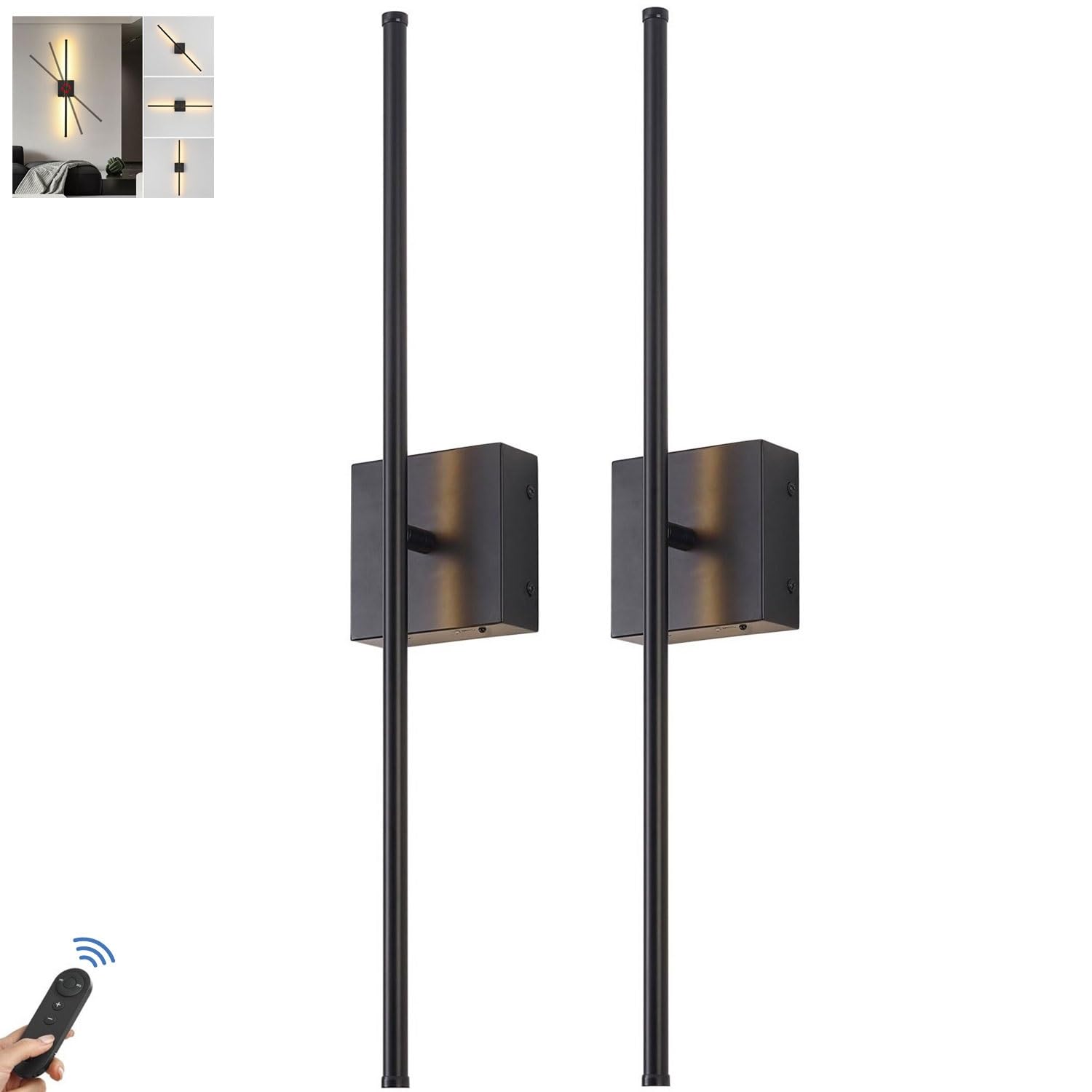 PENTWAN Battery Operated Wall Sconces Set of 2,LED Wireless Wall Sconce with Remote Control,USB Rechargeable Indoor Wall Lamps, 350° Rotate,Dimmable Wall Light,for Hallway/Living Room/Bedroom(Black)