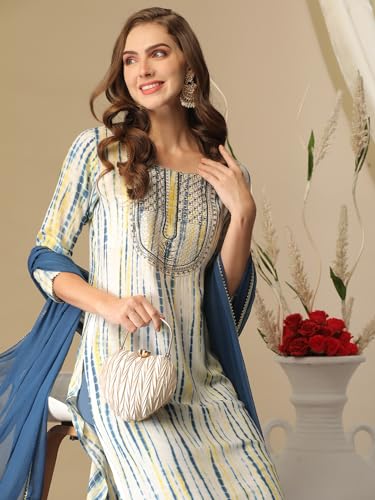 Image of GoSriKi Women's Rayon Blend Straight Printed Kurta with Pant & Dupatta