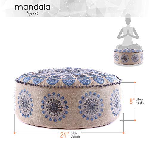 Mandala Life ART Bohemian Yoga Decor Floor Cushion Cover - Insert Included - Round Medition Pillow Case - Hand Printed Organic Cotton Pouf - Thumbnail 6