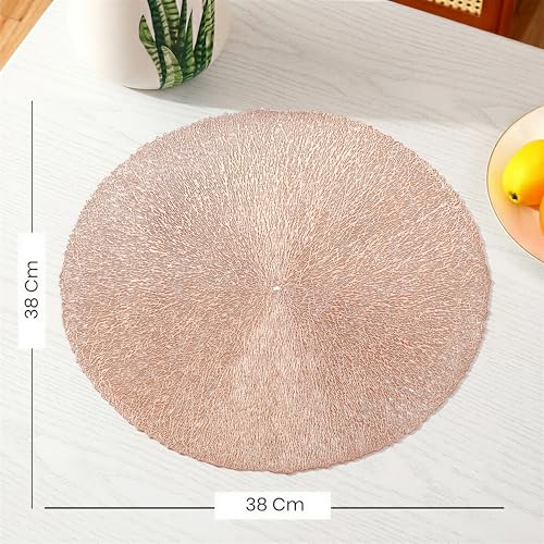 Image of Yellow Weaves 2 Pcs PVC Circle Weave Design Table Placemat, Dining Table Mat, Anti-Skid, Washable, Dining, Kitchen, Restaurant Table Set Easy to Clean, Durable (Rose Gold)