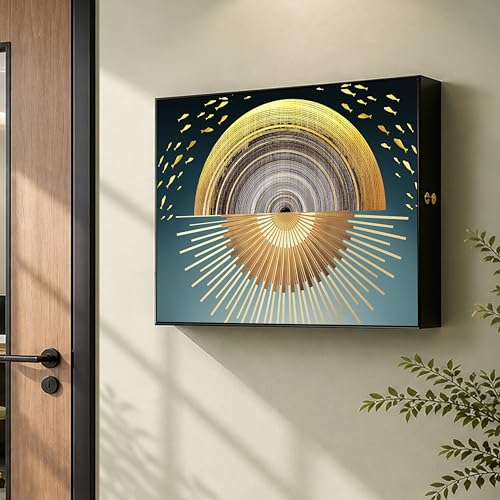 Image of Electric MCB Box Cover Frame With Hydraulic Decorative Painting Gold Sun Painting Electrical Panel box Cover, Switch Box Frame Will Fit Max 10x14 inch Switch Board, Outer Size 13X17 Inch