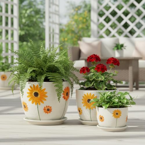 Image of Xtore Charming Sunflower Ceramic Planter Pots Set of 3 with Drainage Trays for Home & Garden Decor l Flower Pots for Indoor Plants, Balcony, Living Room & Office Styling (Multicolor)