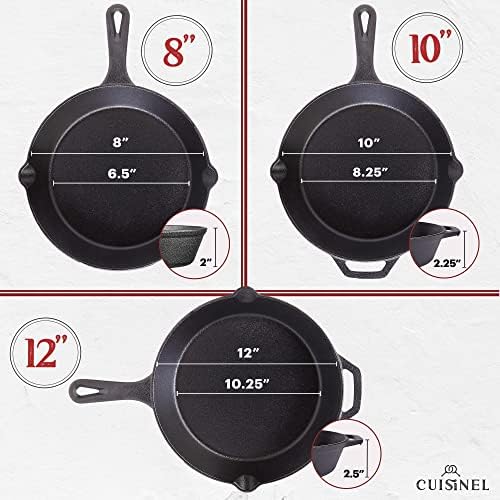 Cuisinel Cast Iron Skillets Set with Lids - 8"+10"+12"-inch Pre-Seasoned Covered Frying Pan Set + Silicone Handle and Lid Holders + Scraper/Cleaner - Use Cookware Indoor/Outdoor, Oven, Stovetop, Fire - Thumbnail 4