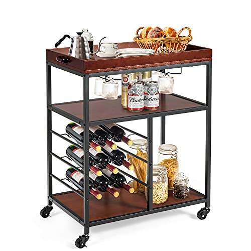 Carrito de cocina con botellero para 9 vinos y soporte de copas madera 2