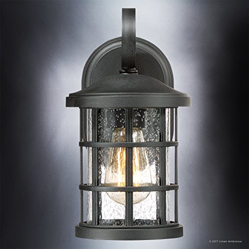 Image of Urban Ambiance Luxury Craftsman Outdoor Wall Light, Small Size: 11 inch H x 6 inch W, with English Tudor Style Elements, Wrought Iron Design, Natural Black Finish and Seeded Glass, UQL1040
