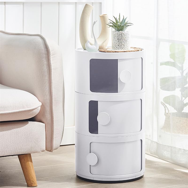 BTGGG Round Bedside Table Bedside Drawers 3 Tier 32x32x58cm,White — image 1