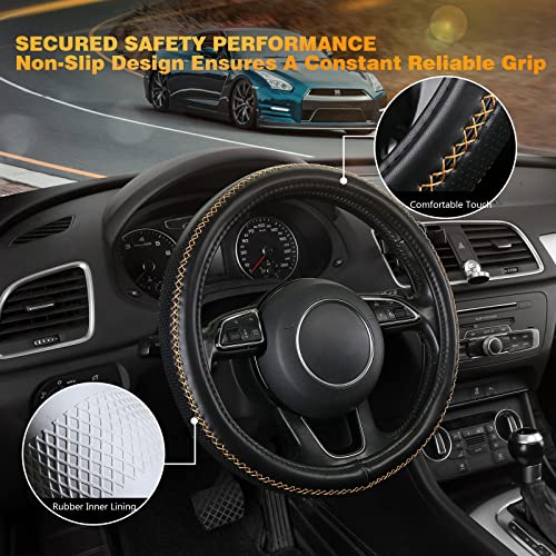 Leather Steering Wheel Cover: Universal 15 Inch - Fits 95% Of Cars, Suvs, And Jeeps - Black #TOP3