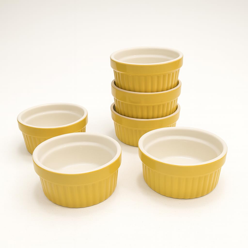 - Bamby Ceramic Yellow And White Ramekin Bowl 200 ml Set of 6, Microwave & Dishwasher Safe, for Baking and Serving Cupcake, Souffle, Pudding and Dessert