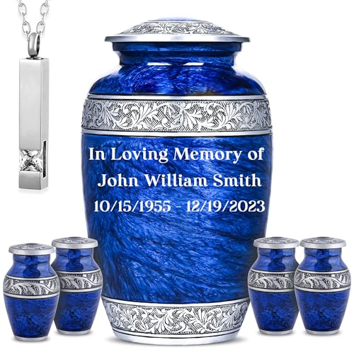 LIFAG Set of 6 Funeral & Cremation Custom Urns for Human Ashes Adult Man & Woman with 1 Large Blue Urn for Ashes Adult Male, 4 Matching Small Urn for Ashes for Women & Necklace for Ashes of Loved One