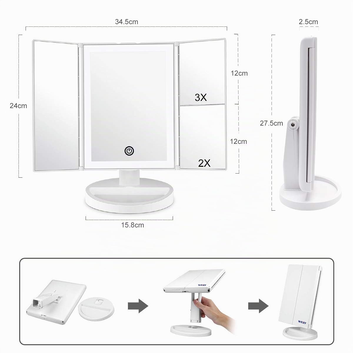 WEILY Specchietto per Il Trucco con Touch Screen Tri-Fold, ingrandimento 1x / 2X / 3X e Caricatore USB o Wireless, Luce LED Regolabile a 180 ° per Il banco da Viaggio Specchio per Il Trucco