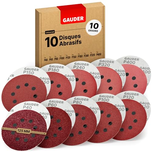 GAUDER Kit de Disques Abrasifs pour Ponceuse Excentrique Ø 125mm - Disques de Ponçage Auto-agrippants - 8 Trous - Disques à Poncer (10 Pièces - 1x de Chaque Grain 40/60/80/100/120/150/180/240/320/400)