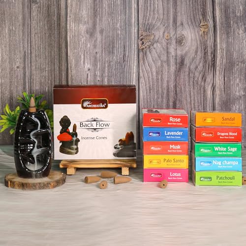 Image of Aromatika Natural Backflow Incense Cones, 12 Packs 10 Fragrances 120 Pcs, (Dragons Blood, Lavender, Musk, Nag Champa, Palo Santo, Rose, Patchouli, Sandal, White Sage, Lotus)