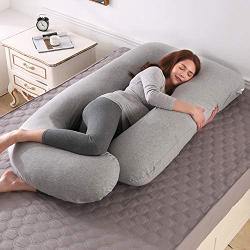 Image of U-Shaped Full Body Pregnancy Pillow for Sleeping - 57 inch Maternity Pillow with Removable Cover, Support for Back, Legs, Belly & Hips (Jersey-LightGrey)