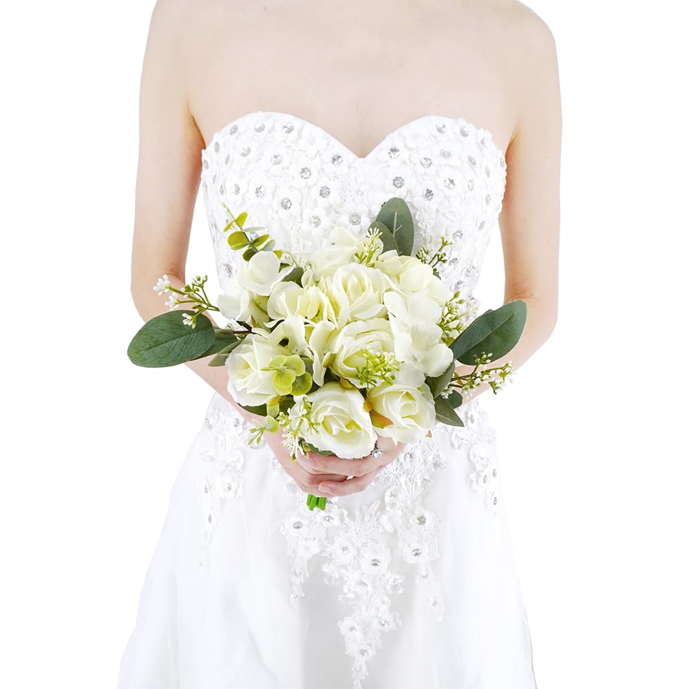 Floinla Artificial Bridesmaid Bouquet - Dusty Blue Flowers & Eucalyptus, Pre-Made, 11" Tall