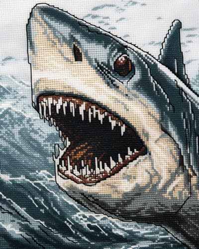 Generic Shark Cross Stitch Kit for Beginners, Stamped Cross-Stitch Supplies, DIY 11CT 3 Strands Cotton Thread, Printed DIY Needlepoint Kits, 40x50cm, Non-Foldable
