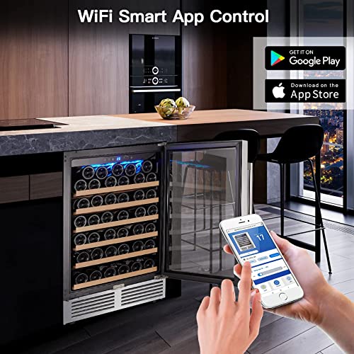 Image of BODEGA 24 Inch Single Zone Wine Fridge with App Control, Holds 52 Bottles | 41 F to 68 F Temperature Range, Noise Level Below 42 dB, Activated Carbon Air Filter, Built-in or Freestanding Installation