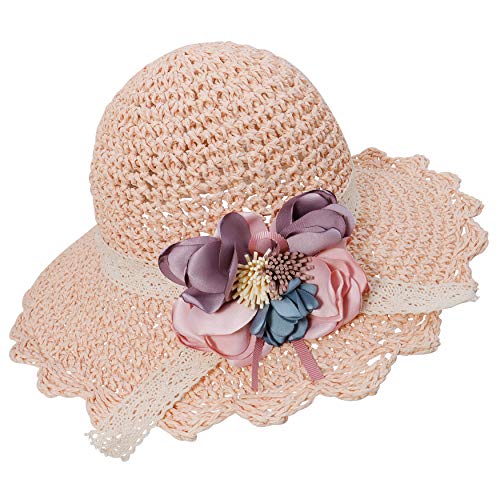 Bienvenu Kids Girl Summer Straw Hat with Flowers Beach Sun Protection Hats,Style2_Light Pink