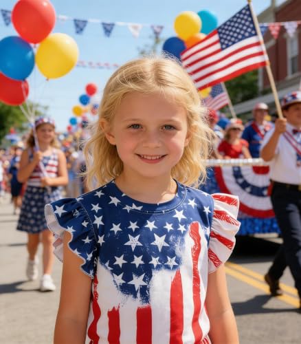 Image of Tkria Girls 4th of July Tank Tops Red White and Blue Shirt Toddler Girl American Flag Patriotic Outfit 2-7 Years