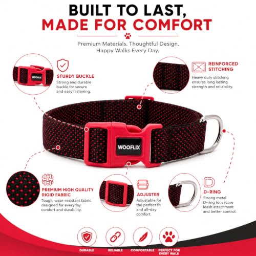 Image of Wooflix Premium Adjustable Dog Collar for Small, Medium & Large Breed Dogs | Heavy Duty Nylon Dog Neck Belt with Strong Buckle & D-Ring for Walking, Training & Daily Use (Red, Medium)