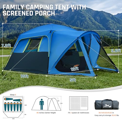 Image of Tents for Camping 6 /8 /10 Person Camping Tent with Screen Porch, Weatherproof Large Cabin Tent with Rainfly and Carry Bag, Family Tent for Outdoor Camping and Backyard
