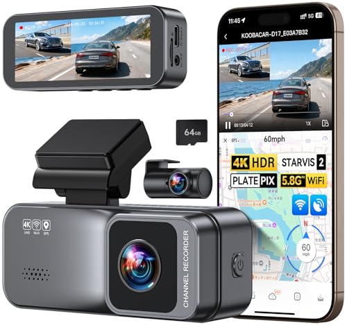 KooBaCar 4K/2.5K Dash Cam Front and Rear, Dual Dash Camera for Cars, Included 64GB Card, Built-in Wi-Fi GPS,Car Camera with 3.20' IPS Screen,UHD Night Vision, Loop Recording, WDR, 24H Parking Monitor