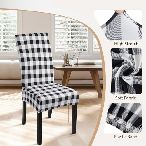 Image of SearchI Printed Dining Room Chair Covers Set of 6, Stretch Kitchen Chair Covers Washable Parsons Chair Slipcover Removable Dining Chair Protectors for Hotel,Ceremony(Black /White Plaid)