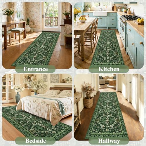 Alfombra cocina lavable antideslizante verde 80x200cm motivo floral 8