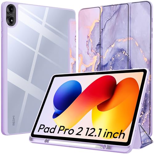 Image of Robustrion Cover for Redmi Pad 2 Pro 12.1 inch Cover Case with [Pencil Holder], Hybrid Cover Case for Redmi Pad 2 Pro Tablet Cover with Transparent Back [Auto Sleep Wake Support] - Marble Lilac
