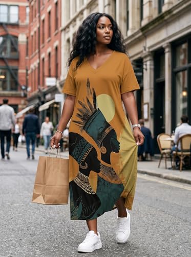 Image of Plus Size Maxi Dress for Women Short Sleeve V Neck Casual Loose Sundress with Pockets