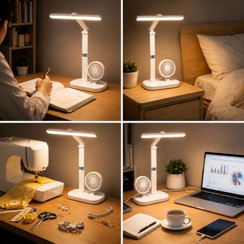 Image of One94Store BreezeGlow Pro Design Rechargeable LED Table Lamp with Fan | Touch Control Desk Light | 2400mAh Battery | Adjustable Brightness & Color Temperature | USB Powered | ABS Material | White