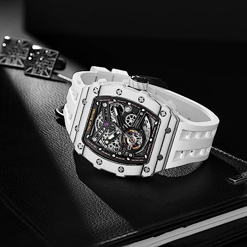 Image of TSAR BOMBA Men's Automatic Watch Tonneau Luxury Skeleton Watches for Men Mechanical 50M Waterproof Analogue Watches Mens Unique Cool Square Big Face Dial Wristwatch with Silicone Strap Band