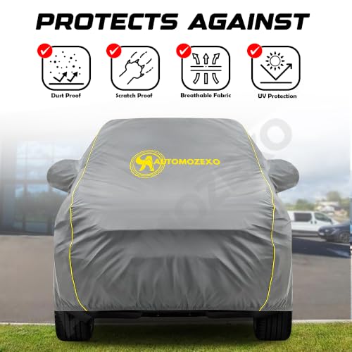 Image of Maruti WagonR Waterproof Car Cover with Mirror Pockets Triple Stitched Bottom Elastic Adjustable Belt & Cotton Inner Layer All Weather Protection Against Scratches Rain Dust UV Rays-Grey