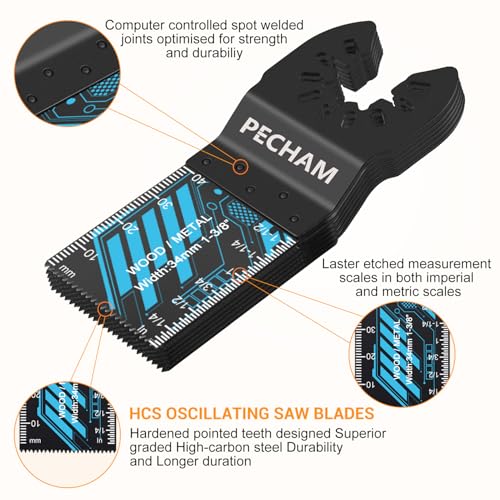 Image of Oscillating Saw Blades, PECHAM 45PCS Professional Universal Titanium Multitool Blades for Wood Plastics Metal Quick Release Multi Tool Kits Fit Rockwell Ridgid Ryobi Milwaukee Chicago Craftsman