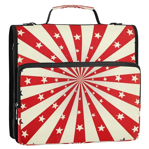 ジッパーバインダーオーガナイザー レトロ USA Stars Burst 1.5インチ 3リングバインダー 高耐久 トラベルバインダー ストラップ付き ミドルスクールバッグ ポートフォリオ 500枚収納