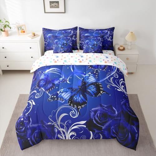Image of Feelyou Cute Butterfly Comforter Set Twin Size 7 Pieces 3D Butterflies Bedding Set Kids Boys Girls Galaxy Dreamy Bed in a Bag with Comforter, Sheets, Pillowcases, Cushion Covers Glitter Rose Floral