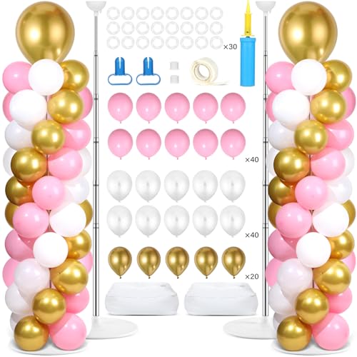 Image of 2 Sets Pink White Gold Balloon Column Stand Kit with 100 Balloons Adjustable Balloon Tower Stand with Bases for Floor Column Kit for Wedding Graduation Birthday Appreciation Party Decor