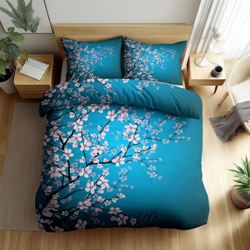 Housse de Couette 240x220 cm Fleurs de Cerisier du Japon, Parure de Lit 2 Personnes avec 2 Taies d'Oreiller 65x65 cm, Imprimé Floral Zen Réversible en...