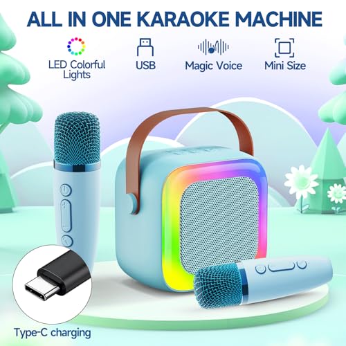 Image of Mini Karaoke Machine for Kids & Adults, Portable Bluetooth Speaker with 2 Wireless Microphones, Magic Voice Effects, Colorful Light Show, Blue, Fun & Portable