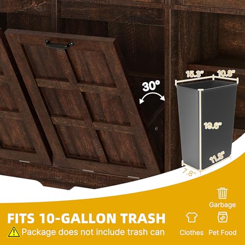 DWVO Double Tilt Out Trash Cabinet, 20 Gallon Laundry Hamper Cabinet with 3 Drawers and Adjustable Shelves, Hidden Trash Can Cabinets for Kitchen, Living Room, Brown Oak