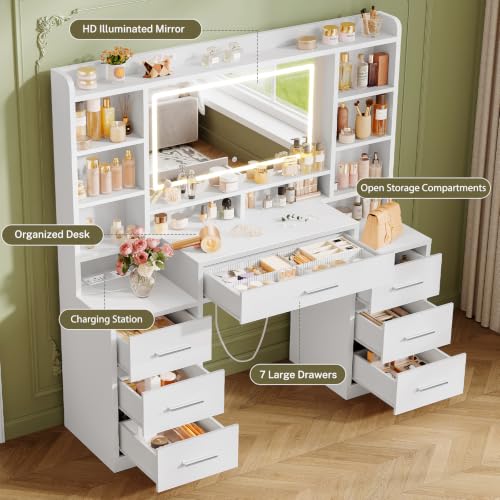 Image of FIONESO Large Vanity Desk with Mirror and Lights, 3-Color LED, Makeup Vanity with 7 Drawers, 6 Open Storage Shelves and Power Outlet, White Vanity for Girls, for Bedroom