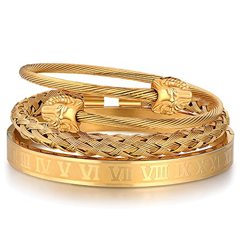WFYOU 3PCS Stainless Steel Bracelets for Men Gold Roman Numeral Bangle Bracelet Twisted Cable Bracelet Adjustable Cuff Bracelet Mens Luxury Jewelry Bracelets Gifts(M:Gold)