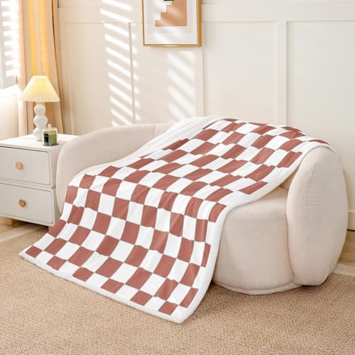 Image of Erosebridal Checkered Sherpa Blanket 40 inchX50 inch White Light Caramel Checkerboard Fleece Bed Blanket,Buffalo Plaid Grid Throw Blanket for Kids Teen Adults Aesthetic Geometric Gingham Fuzzy Blanket