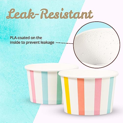 Image of MATICAN Paper Ice Cream Cups, 50-Count 5.5-Oz Disposable Dessert, Snack Bowls for Hot or Cold Food, 5.5-Ounce Party Supplies Treat Cups for Sundae, Frozen Yogurt, Soup, Pastel Stripes