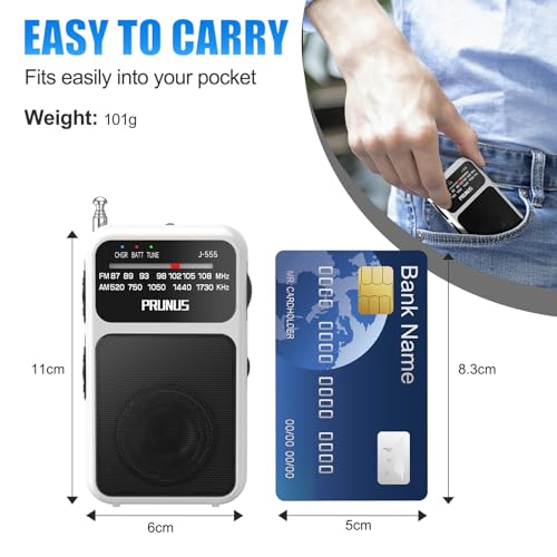 Image of PRUNUS J-555 Pocket Radio AM FM Built-In 800Mah Rechargeable AAA Battery Operated,Excellent Reception Clear Speaker Earphone Jack,Back Clip,Flashlight,Transistor,Portable Mini USBC Charge,White