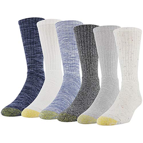 Gold Toe Men's Harrington Crew Socks, Multipairs, Off White/Glacier/Black/White/Blue/Marbled Navy (6-Pairs), Large