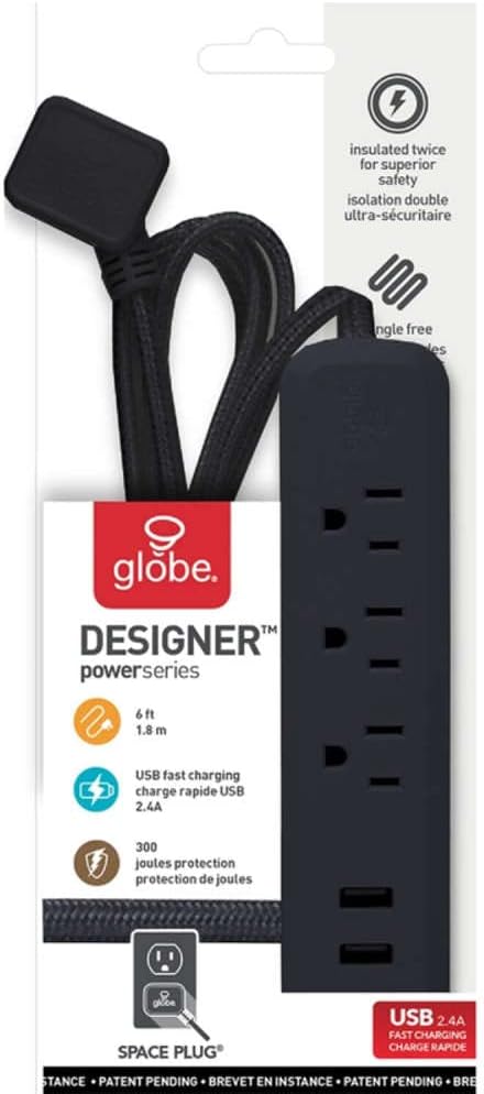 Globe Electric Power Strip in its retail packaging, highlighting features like 6ft cord, USB fast charging, 300 joules protection, and space plug.