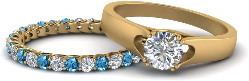 Choose Your Gemstone Trellis Diamond CZ Wedding Ring Set Yellow Gold Plated Round Shape Wedding Ring Sets Matching Jewelry Wedding Jewelry Easy to Wear Gifts US Size 4 to 12