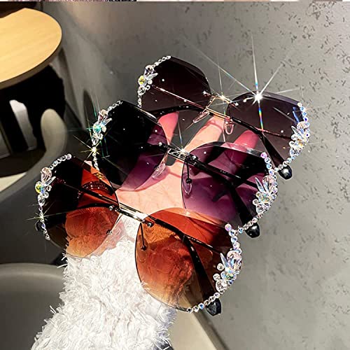 Woman Rimless Diamond Sunglasses,Polygonal Sunglasses UV Protection,Handmade Diamonds Gradual Trend Party Eyewear3